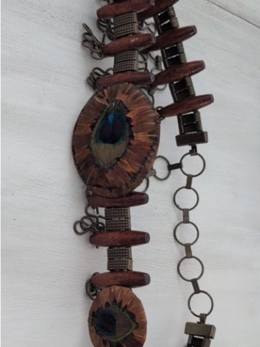 Vintage Lee Sands Bohemian Peacock Feather Wood Accent Belt - Teal & Brown - Picture 5 of 5